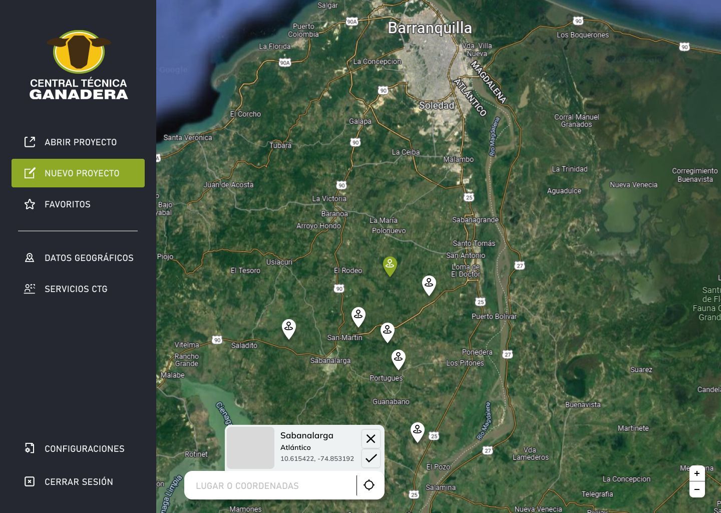 Mapa de la zona de Barranquilla con fincas marcadas